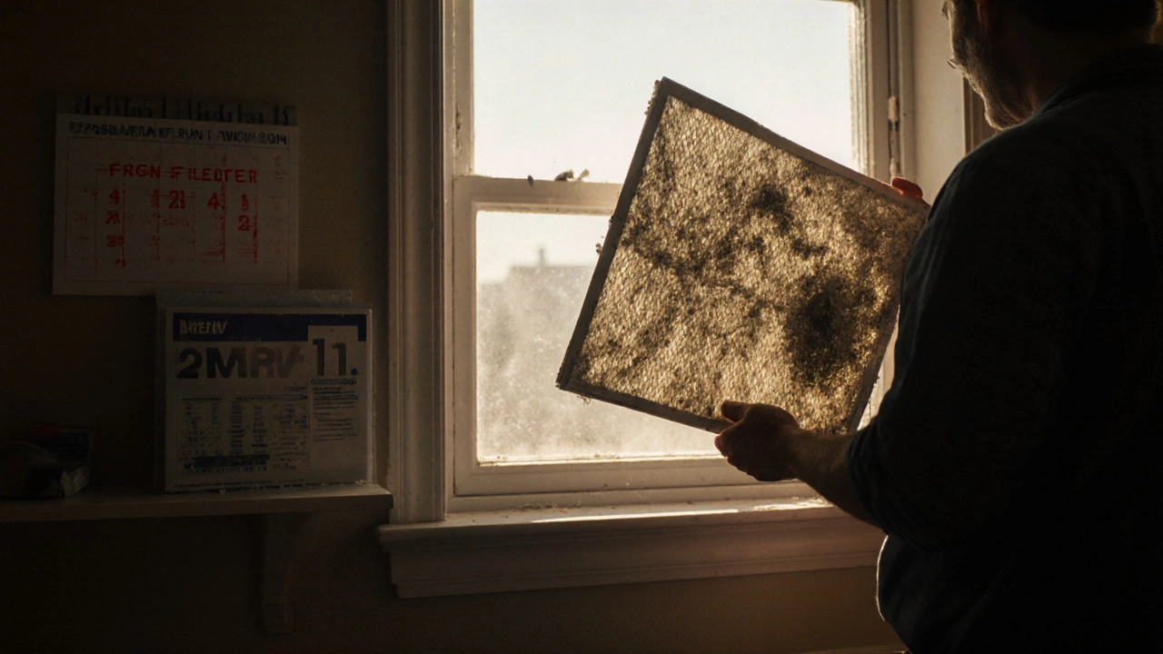 A homeowner holding a dirty furnace filter up to the light, with a clean replacement on the shelf.