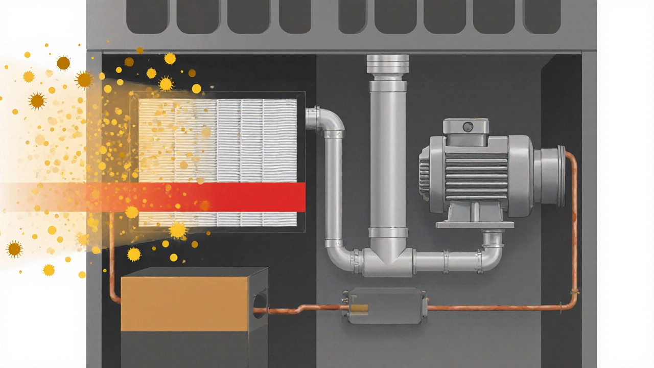 Airflow diagram showing clean air passing through a filter into an HVAC system, with blocked airflow in red.