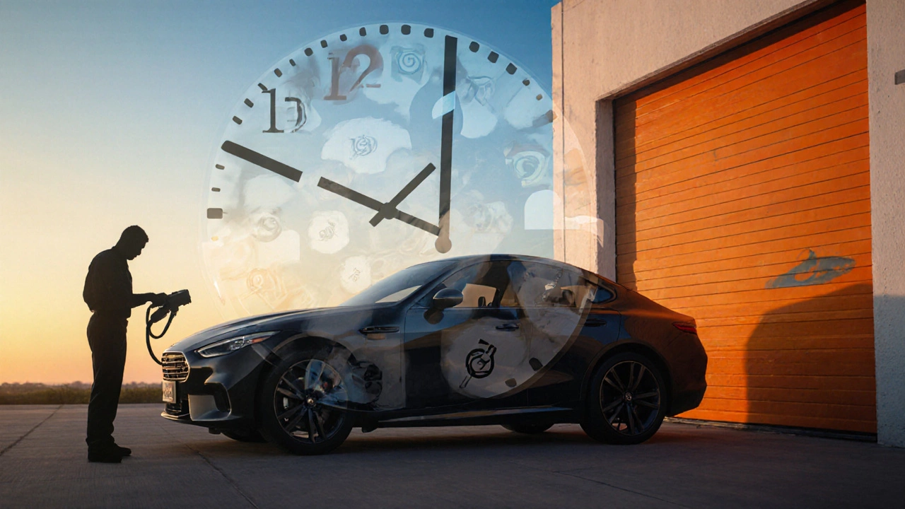 Car and mechanic with a clock overlay illustrating repair time.