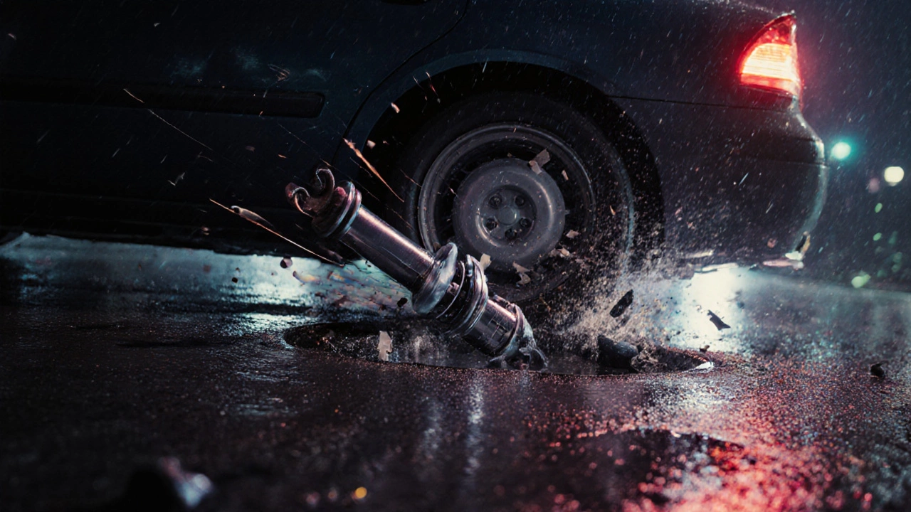 Car bouncing over pothole with sound waves and debris flying from damaged suspension