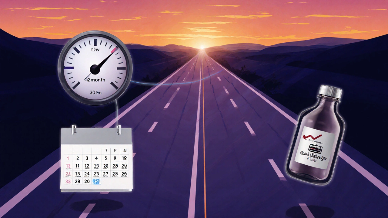 Conceptual art showing a calendar, low‑mileage car, and oil symbols at sunset.