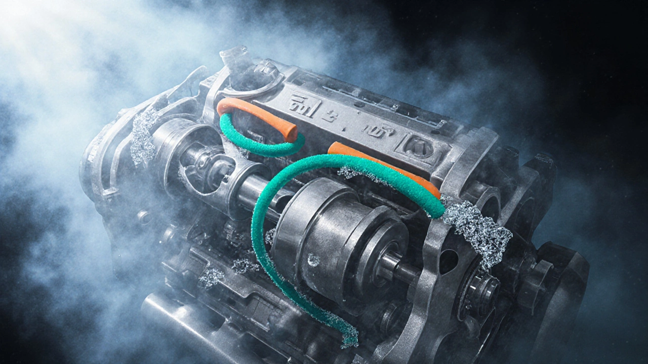 Cross‑section of a turbo engine showing thinner blue‑teal 5W30 flow and thicker orange 10W30 flow during a cold start.