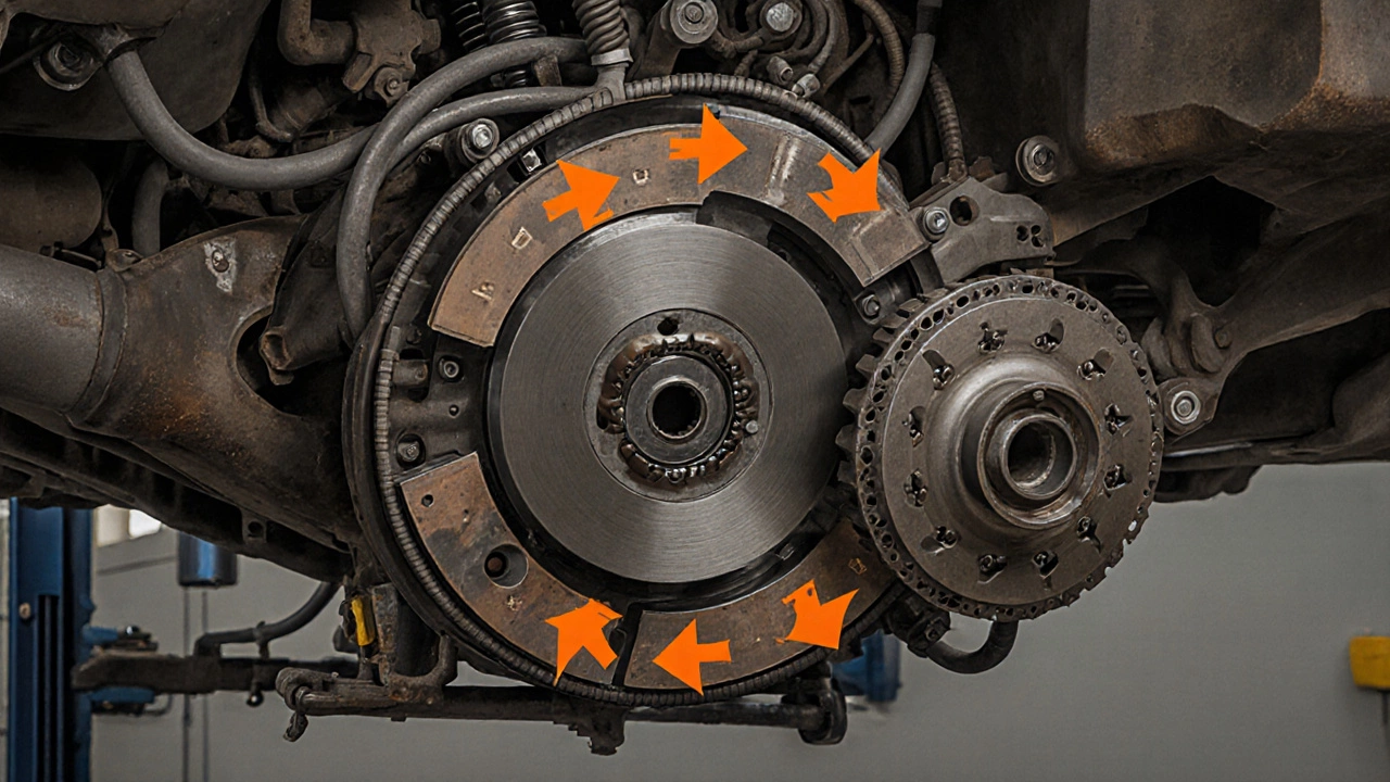 Cross-section of car drivetrain showing clutch, flywheel, and suspended transmission components.
