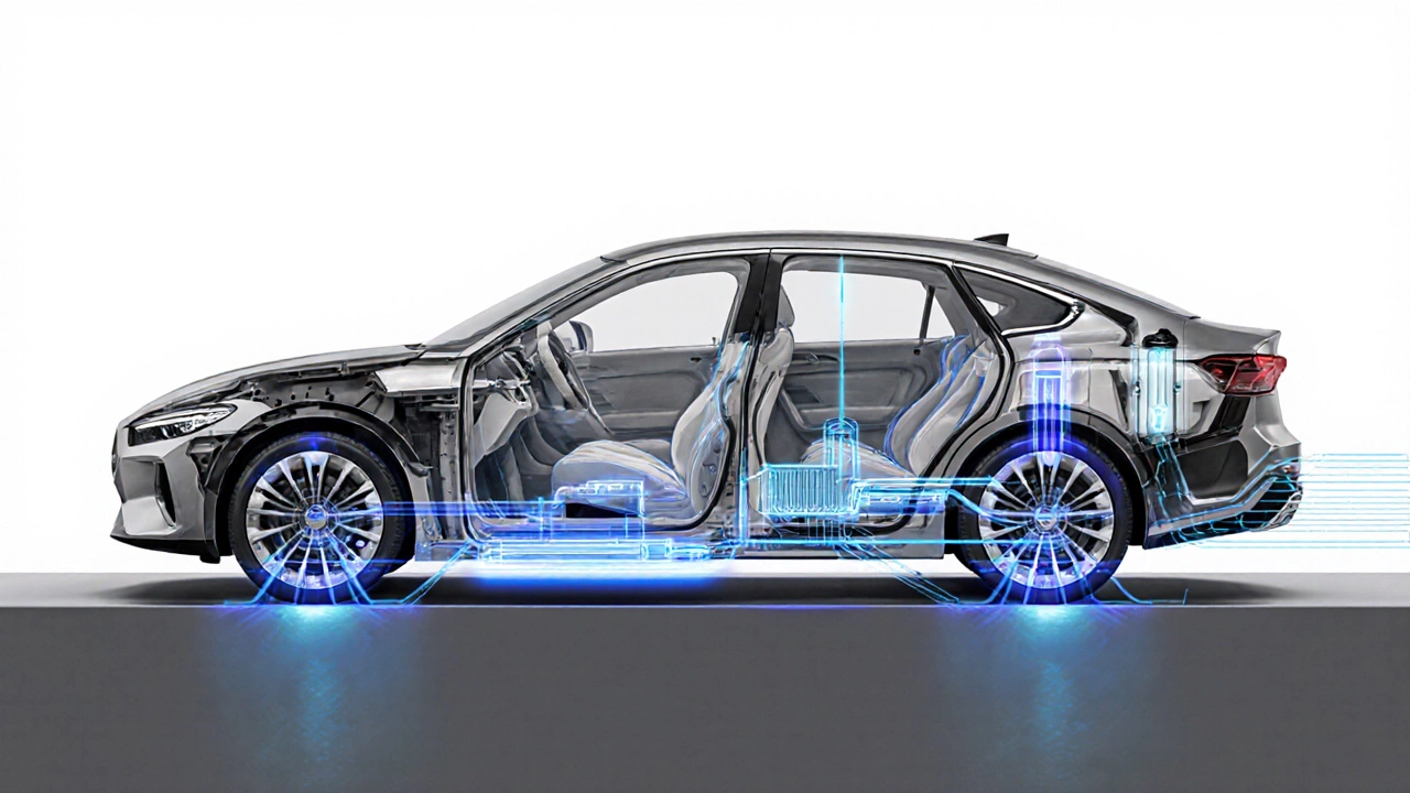 Cross-section of smart cooling system with pumps, coolant flow, and thermal management in a hybrid car.