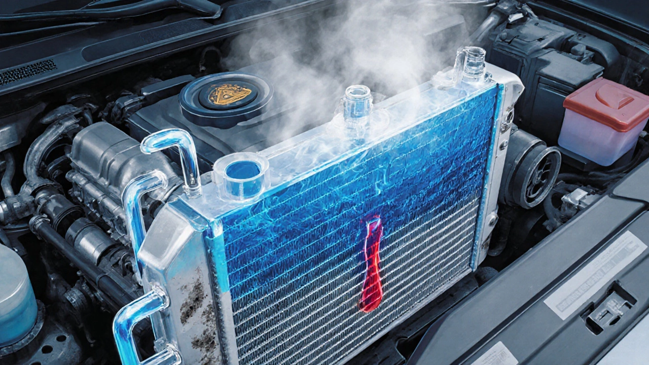 Cutaway illustration of car cooling system showing coolant flow and radiator leak.