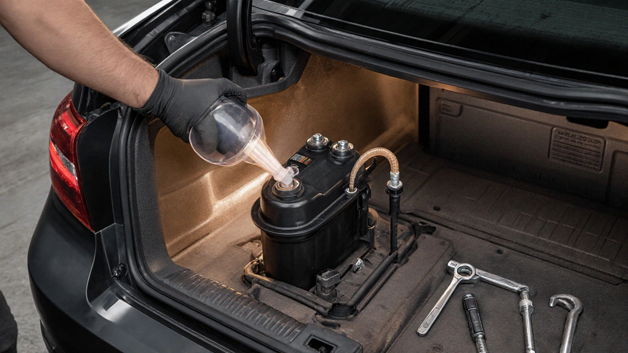 Cutaway view of a car's fuel tank showing pump removal and suction pump.