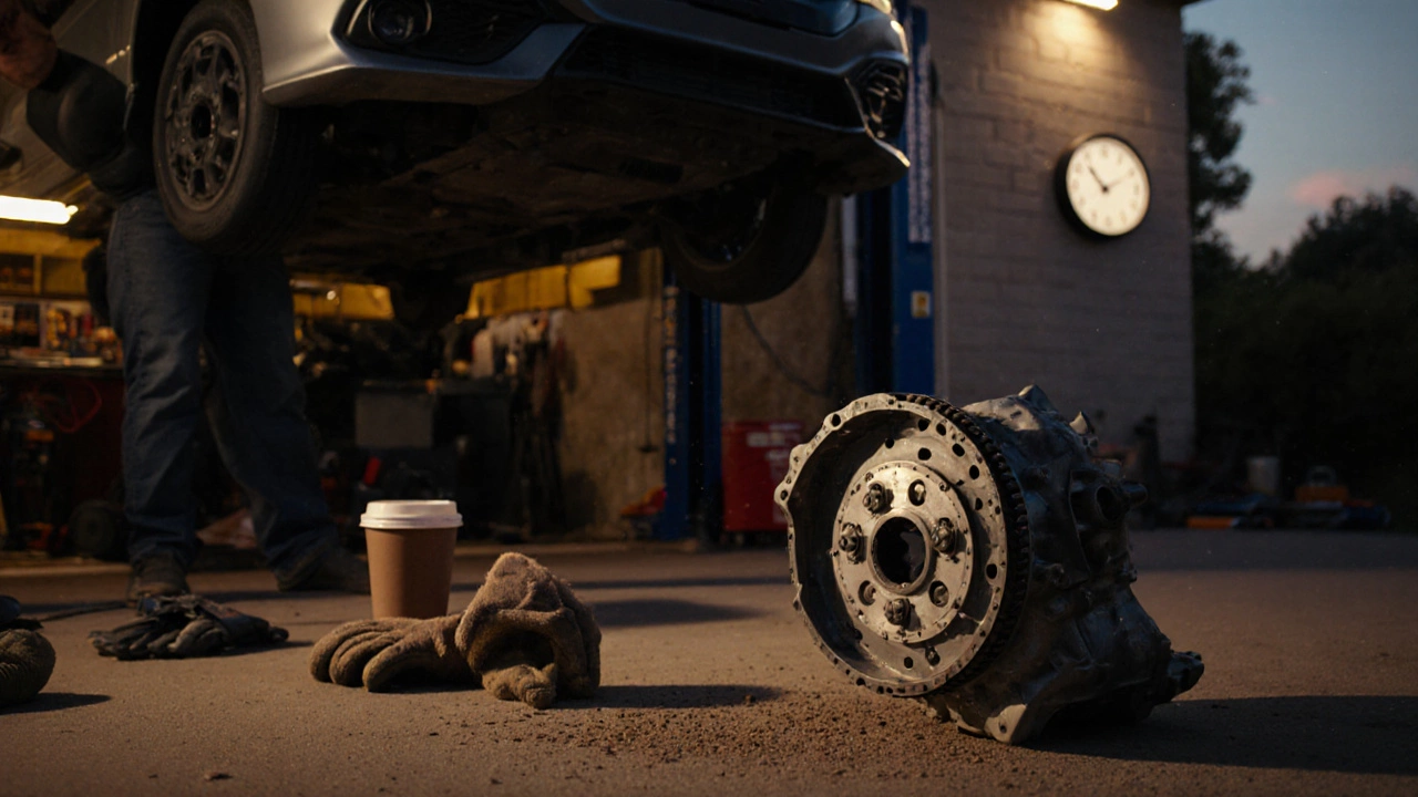 DIY mechanic in driveway at dusk beside lifted car, clock showing 14 hours spent on clutch replacement.