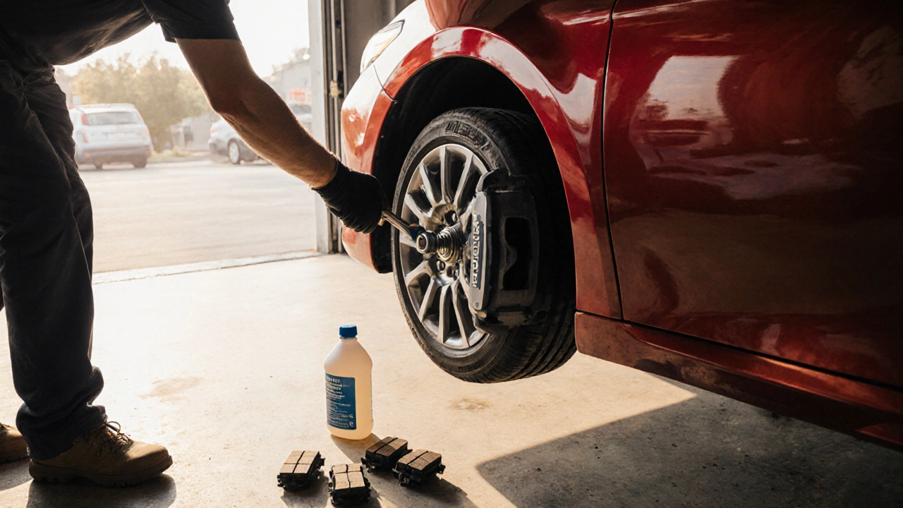 DIY mechanic tightening a caliper bolt on a Toyota Camry in a bright garage.