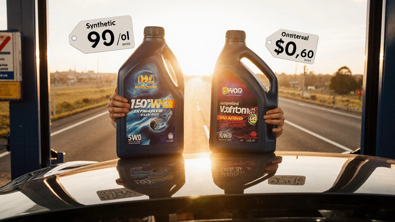 Driver at a service station holding synthetic 5W30 and conventional 10W30 bottles, sunrise road in background.