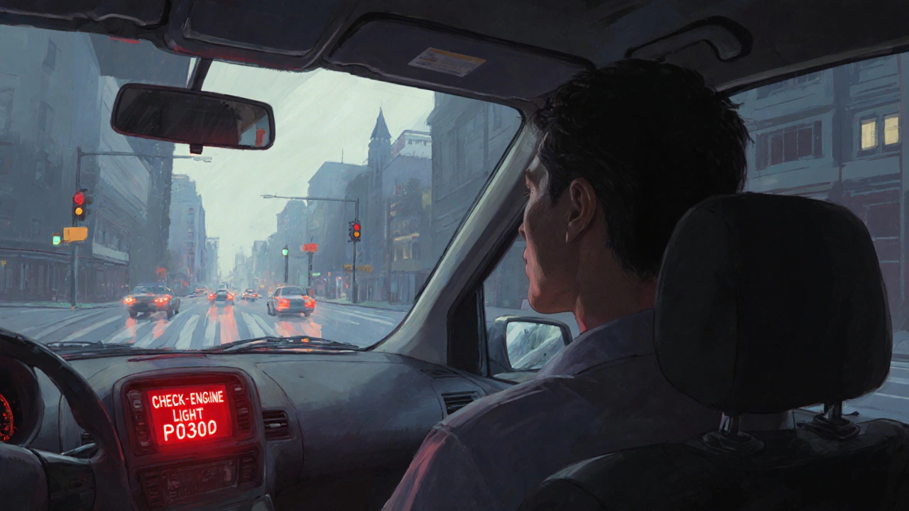 Driver looks at dashboard warning light while car idles roughly on city street.