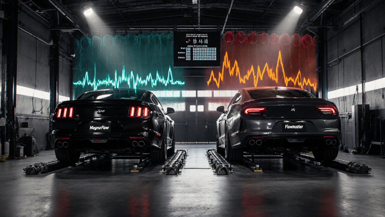 Dyno lab scene showing two cars with MagnaFlow and Flowmaster exhausts, with performance readouts and sound wave graphics.