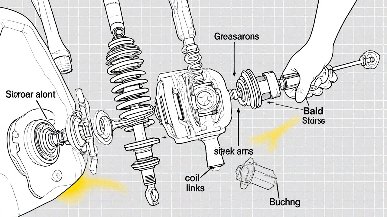 Exploded line‑art diagram of rear suspension parts with a mechanic's hand near the shock absorber.