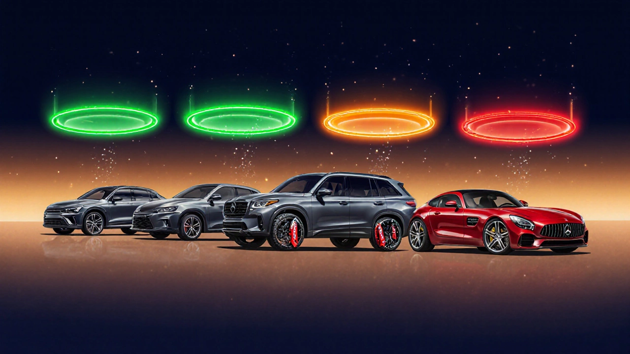 Illustrated lineup of four cars with calipers highlighted to show different price tiers.