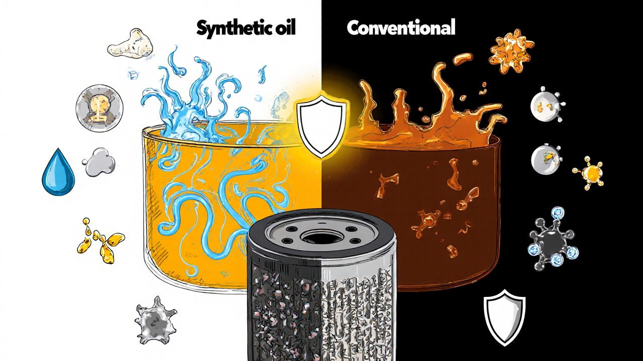 Illustration comparing synthetic and conventional oil molecules with a filter.