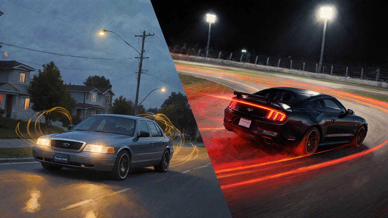 Illustration contrasting a city drive with MagnaFlow exhaust and a track scene with Flowmaster exhaust.