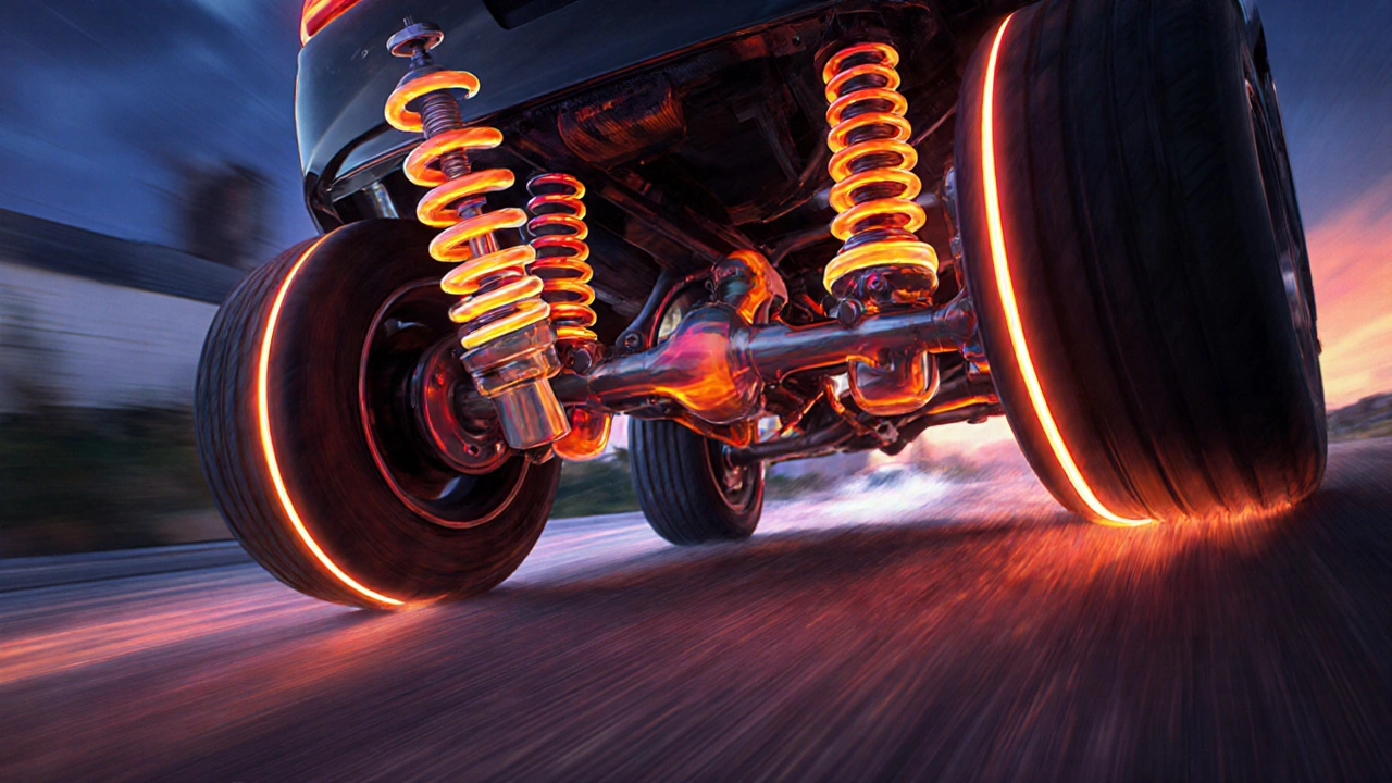 Illustration of a car hitting a bump with spring compression, shock extension and sway bar twist in motion.