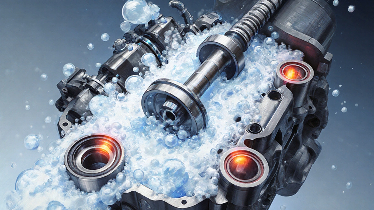 Illustration of foamy oil swirling around a crankshaft inside an engine.