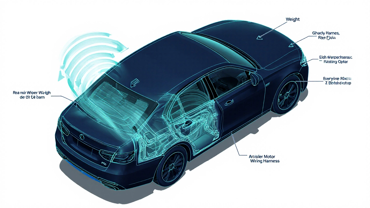 Isometric cutaway of sedan rear showing geometry, limited wiper space, airflow, and hidden motor.