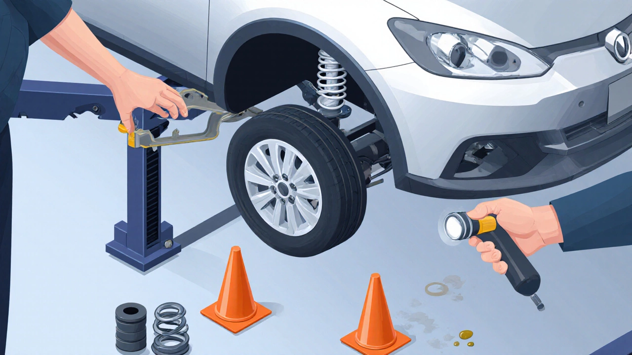 Isometric view of a mechanic inspecting a lifted car's shock and bushings in a garage.
