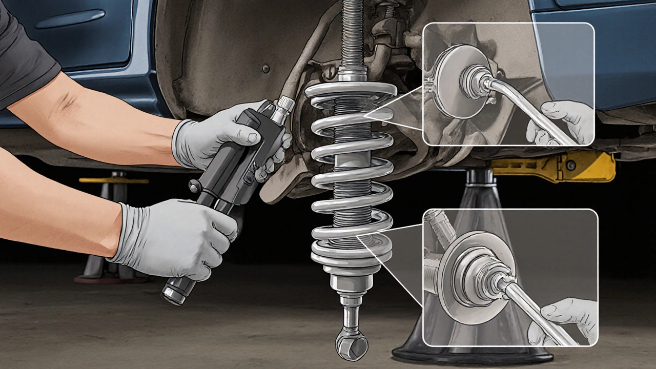 Mechanic compresses a coil spring with a spring compressor while using a torque wrench and ball‑joint separator.