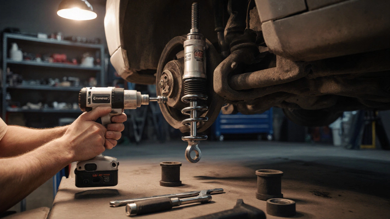 Mechanic swapping shock absorber in a garage workshop.