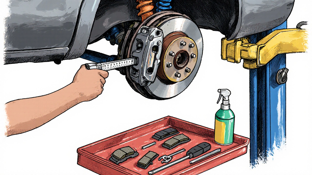 Mechanic under lift tightening brake caliper bolts with torque wrench, brake parts laid out.