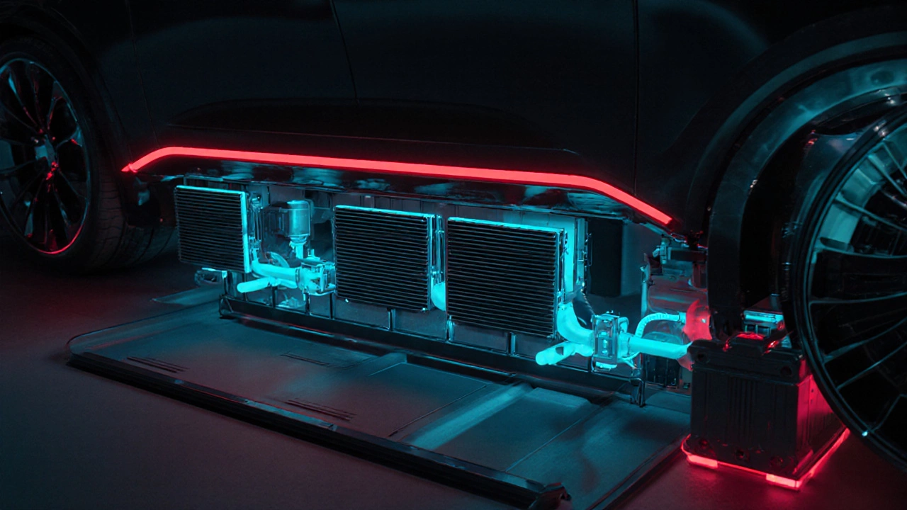 Modern EV with hidden heat exchangers under floor and wheel wells, no front grille.