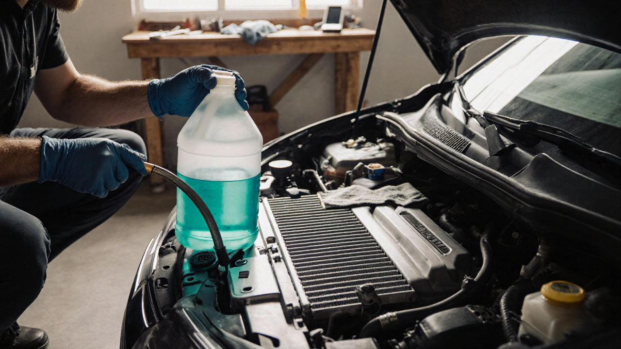 Person under car hood using pressure tester and checking coolant level in garage.