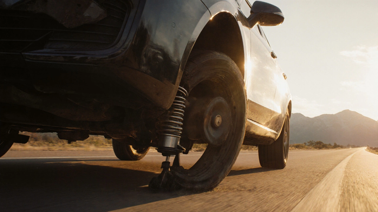 Repaired car cruising over a road bump, showing smooth suspension movement and confident handling.