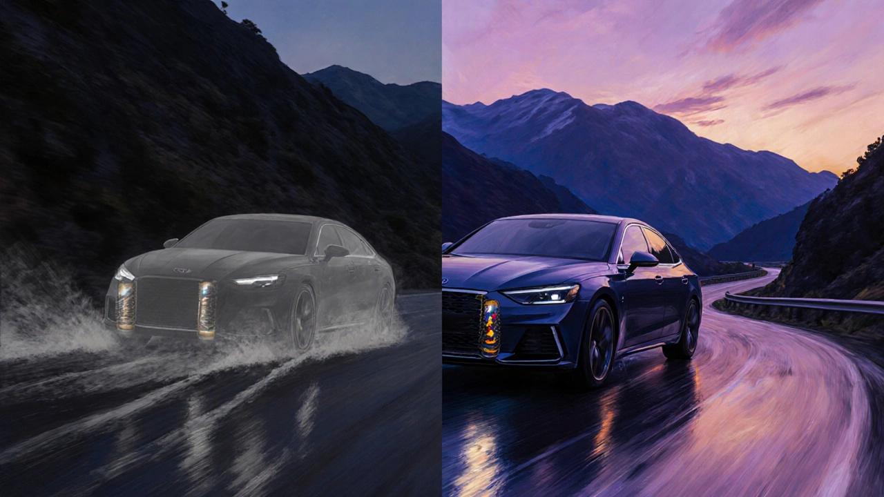 Side‑by‑side comparison of a car with worn shocks versus one with new shocks on a mountain road.
