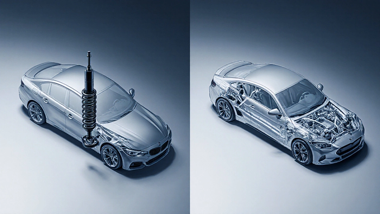 Side‑by‑side illustration of MacPherson strut and double‑wishbone front suspensions.