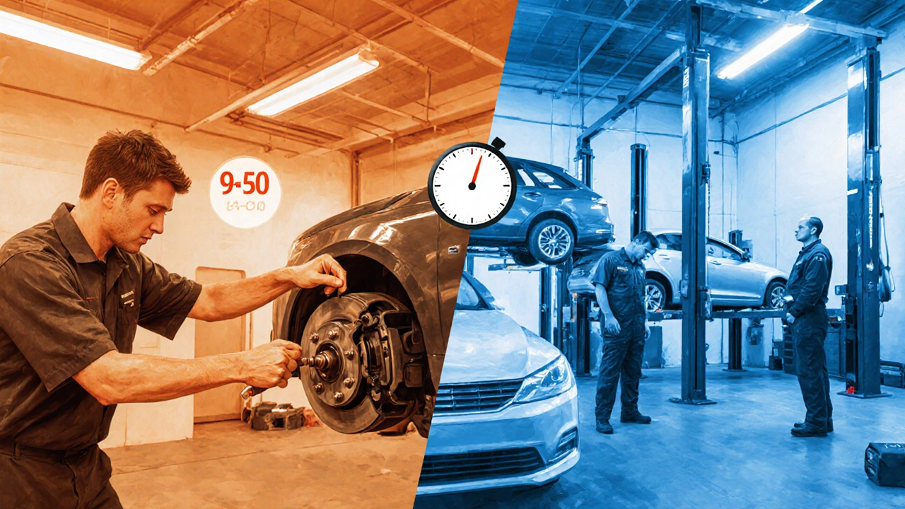 Split scene comparing DIY garage work (90‑150 min) and professional shop (45‑90 min) on brake pad replacement.