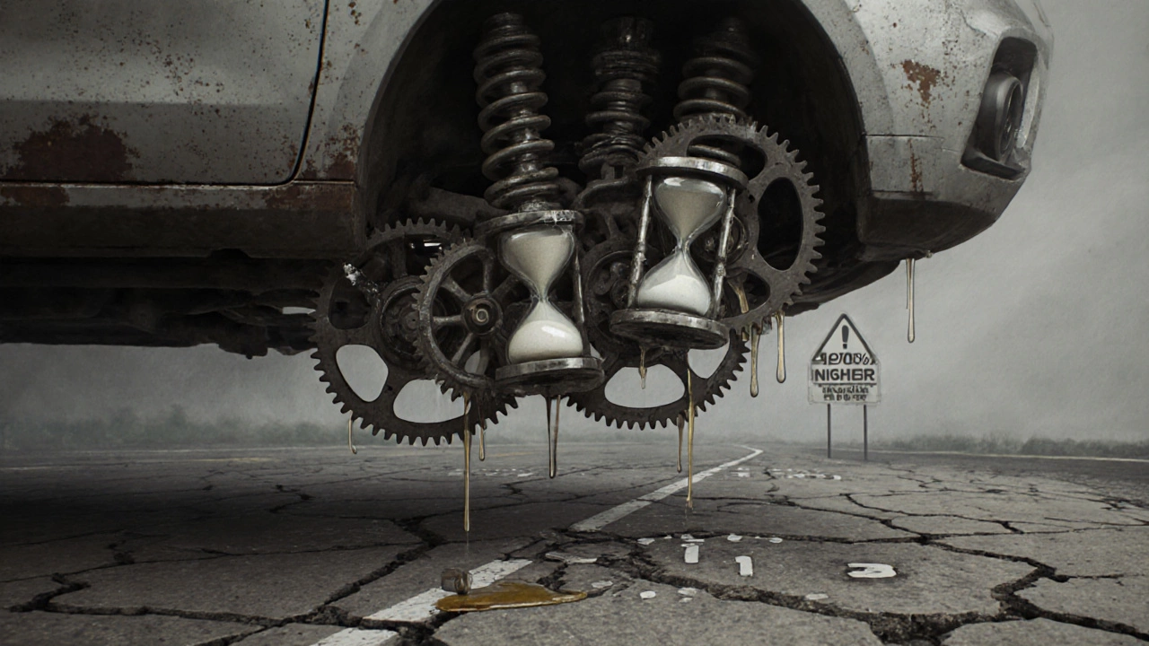 Suspension system as broken clock mechanism symbolizing time and failure