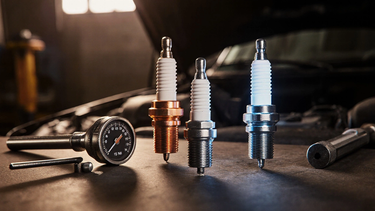 Three spark plugs (copper, platinum, iridium) on a workshop bench with tools.