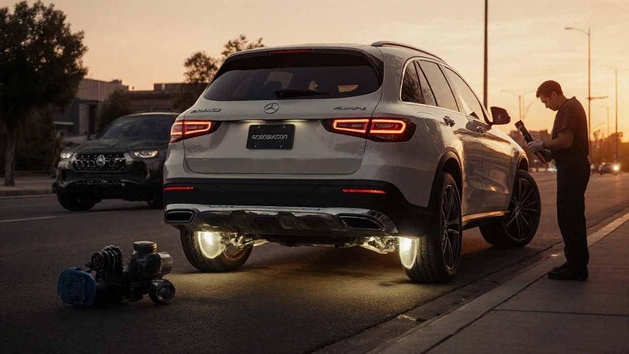 Urban scene showing a luxury SUV with air suspension next to a hatchback and a pickup.