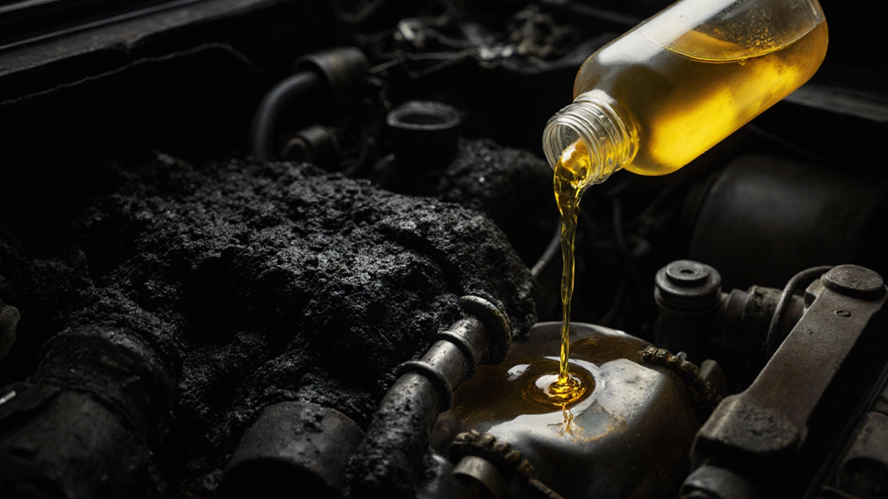A ruined engine overtaken by sludge contrasted with a clean oil bottle pouring light.