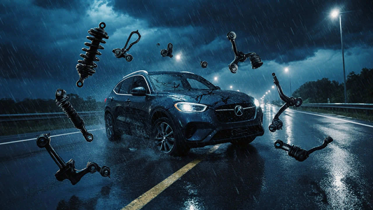 Car in motion with suspension parts breaking apart during a rainy turn.