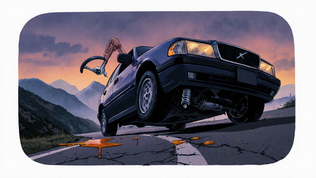 Car leaning heavily in a turn with fluid leaking from shock absorber and damaged parts visible.