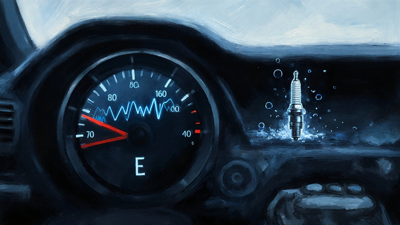 Conceptual image of a flatlining heartbeat beside a car dashboard with empty fuel gauge and useless spark plug.