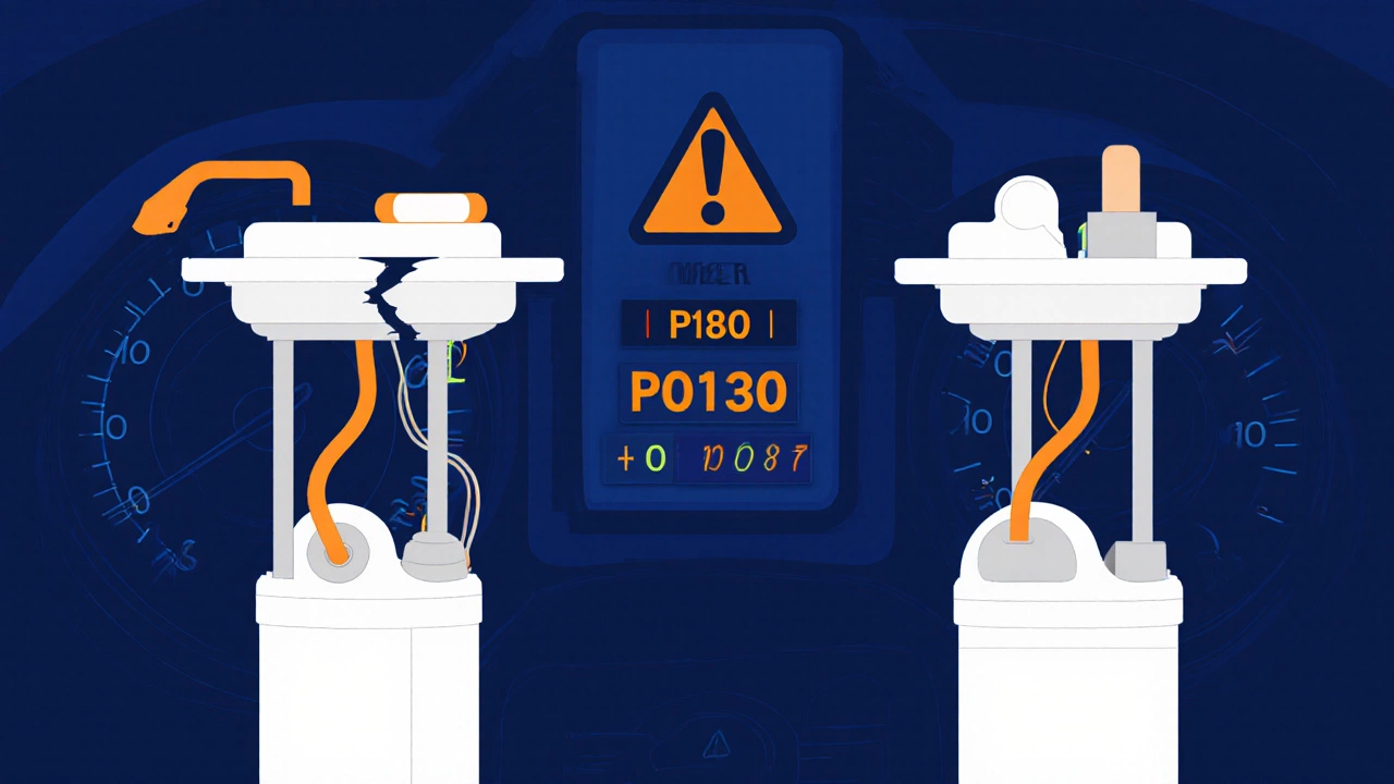 Contrasting images of a failing and functioning fuel pump with diagnostic codes in background.