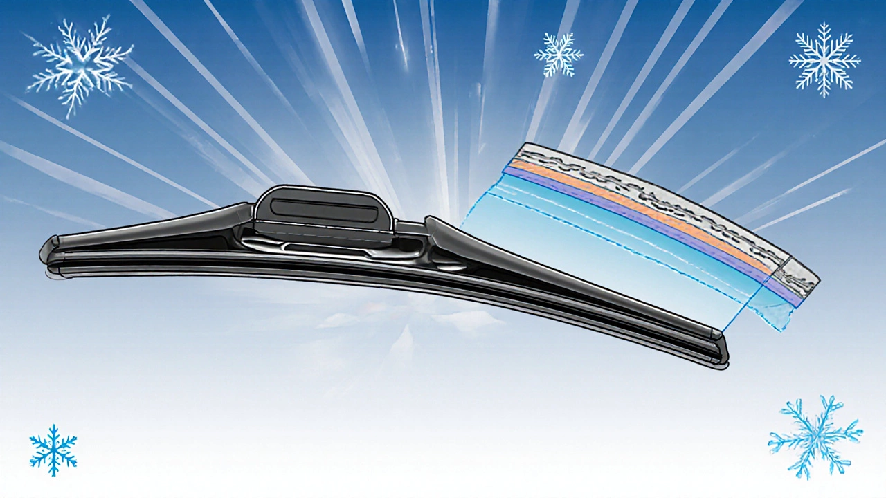 Cross-section comparison of silicone and rubber wiper blade structures with environmental symbols.