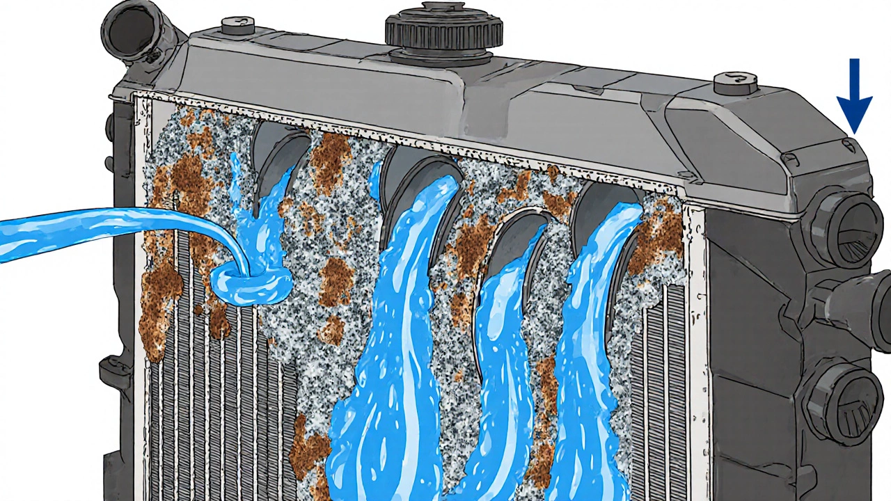 Cross-section of a clogged radiator being flushed with clean coolant flow.