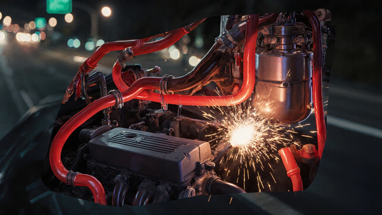 Cross-section of car fuel system showing failing pump and dripping injectors with fading fuel flow.