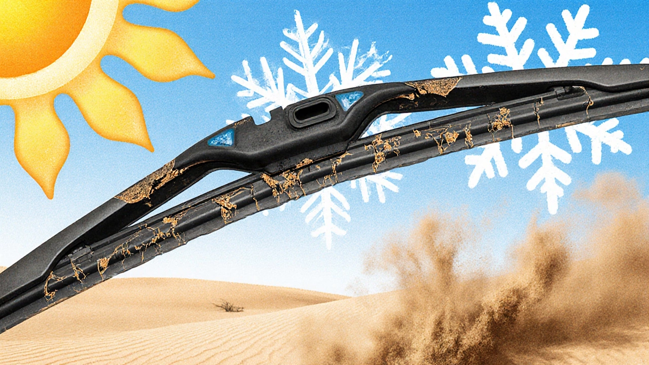 Cross-section of cracked wiper blade exposed to sun, snow, and dust.