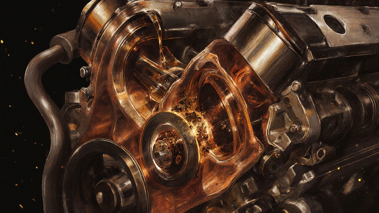 Cross-section of engine showing oil circulating, cooling pistons, and trapping dirt particles.