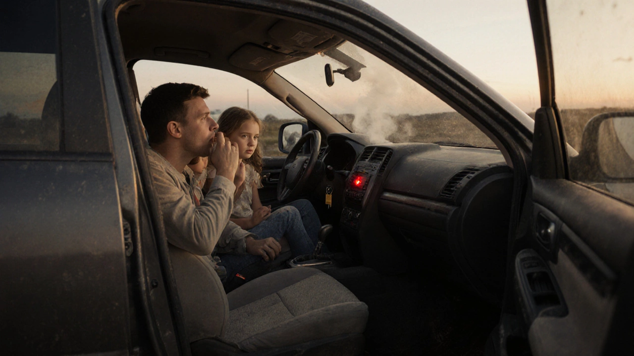Family in SUV with exhaust fumes entering cabin and check engine light glowing on dashboard.
