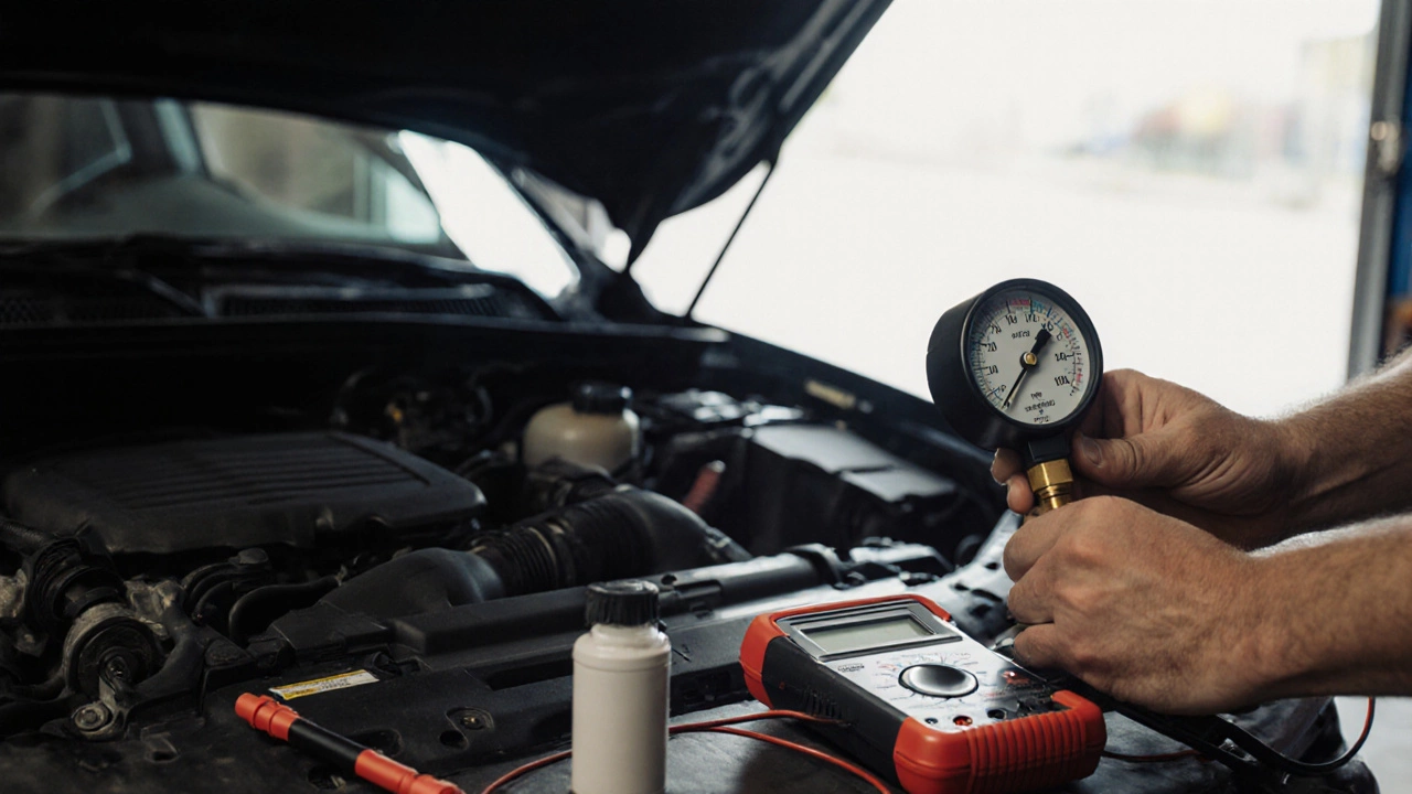 Mechanic attaching a fuel pressure gauge to a car&#039;s fuel rail in a garage.
