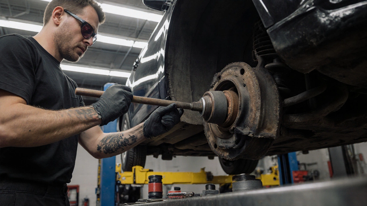 Mechanic checking ball joint play with a pry bar on a lifted car wheel.