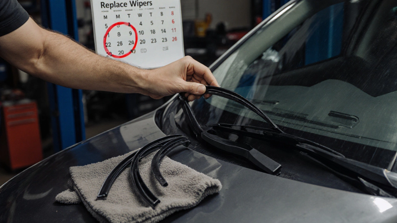 Mechanic replacing old wiper blades during a car oil change.