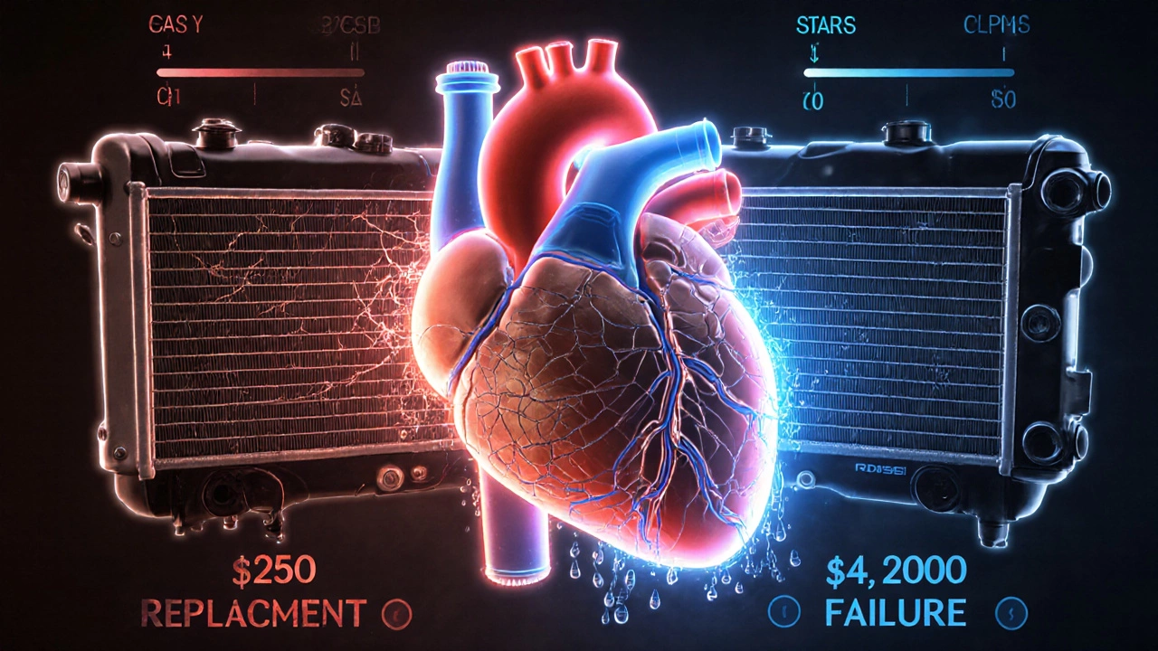 Radiator depicted as a heart being repaired with copper sealant and flush.